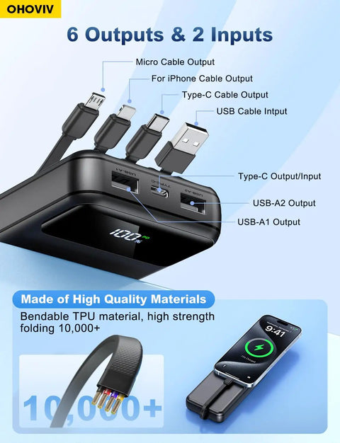 Heavy Duty Beast Mode Portable Charger Power Bank With Massive 50000 Mah Capacity And Four Built In Cables for various devices, showing six outputs and two inputs.