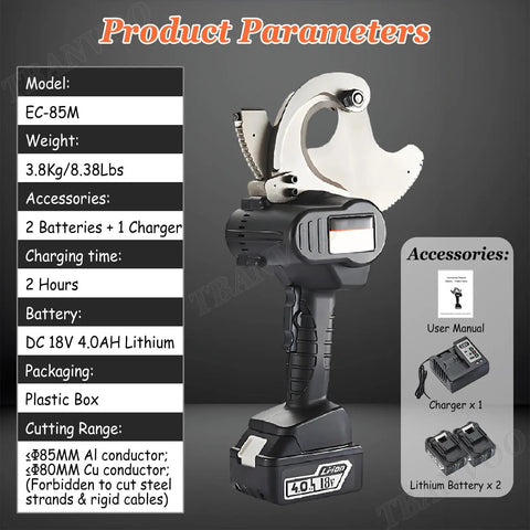 Cordless Hydraulic Cable Cutter For Copper Aluminum And ACSR Wires 18V electric ratchet wire cutter with battery and charger