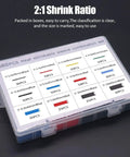 560 Piece Heat Shrink Tube Kit With 2 To 1 Shrink Ratio, 12 Sizes, 5 Colors, plastic box display of contents and sizes.