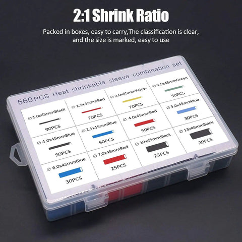 560 Piece Heat Shrink Tube Kit With 2 To 1 Shrink Ratio, 12 Sizes, 5 Colors, plastic box display of contents and sizes.