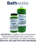 Bathworks EZ-Etch bottles for cast iron, ceramic, porcelain, steel bonding with labels visible.