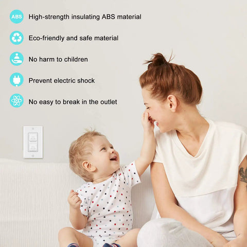 Mother and child near outlet with 55 Pack Outlet Covers With Hidden Pull Handle Baby Proofing Plug Covers 3 Prong Child Safety Socket Covers