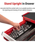Hand reaching for a tool in a red tray from the 27 Piece Drive Extension And Accessory Set With Rails And Tray For One Quarter Inch, Three Eighth Inch And One Half Inch Drive Tools