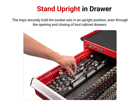 Hand reaching for a tool in a red tray from the 27 Piece Drive Extension And Accessory Set With Rails And Tray For One Quarter Inch, Three Eighth Inch And One Half Inch Drive Tools