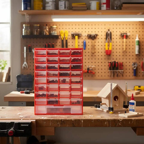 Industrial 33 Drawer Storage Cabinet With Removable Dividers And Transparent Polypropylene Drawers For Workshop Tools And Household Hardware Organization Shop Ready Garage Grade Heavy Duty Tool Chest And Customizable Small Parts Organizer on workbench