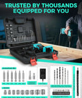20V Cordless Drill Kit With One Battery And Charger, Three Eighths Inch Keyless Chuck, Dual Speed Settings 0 To 350 And 0 To 1300 RPM, Beefy 266 Inch Pounds Torque, 25 Plus 1 Clutch, Includes 34 Piece Power And Driver Bit Set shown with case and accessories