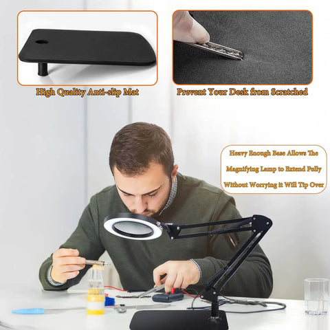 15X Lighted Magnifying Glass With Real Glass Lens, adjustable desk lamp with clamp, heavy base, man using for electronics repair