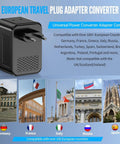 Image of universal travel adapter with over 100 country compatibility, including Germany, France, Italy, Russia, and Spain.