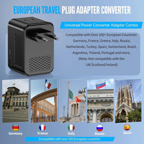 Image of universal travel adapter with over 100 country compatibility, including Germany, France, Italy, Russia, and Spain.