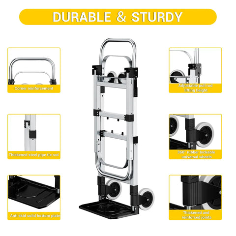 Heavy Duty Three In One Convertible Hand Truck Dolly Cart Built With Tough Rubber Wheels And Smart Swivel Casters For Hassle Free Freight Moving And Easy Warehouse Hauling Up To Six Hundred Pounds Capacity