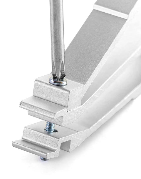 Close-up of No Sweat Cage Nut Installer And Extractor for 19 and 10 inch server racks showing aluminum frame and screw detail.