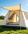 Tent supported by Adjustable Heavy Duty Tarp Poles Set Of 2, 90 Inch Telescoping Camping Poles, stainless steel, in outdoor setup.