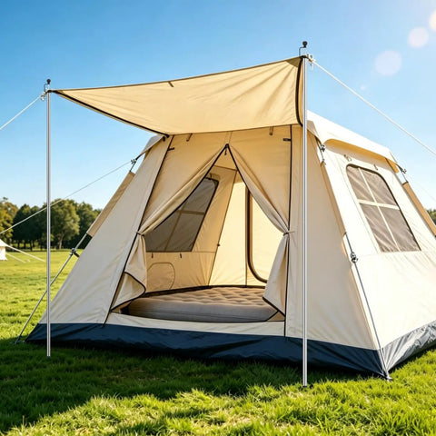 Tent supported by Adjustable Heavy Duty Tarp Poles Set Of 2, 90 Inch Telescoping Camping Poles, stainless steel, in outdoor setup.