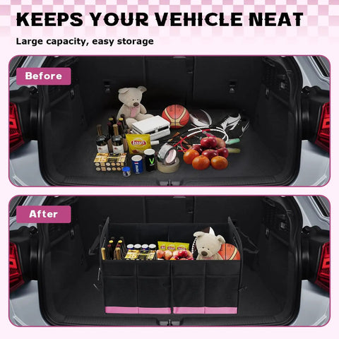 Before and after using 72L Trunk Organizer With Waterproof Design And Non Slip Bottom Strips, Large Capacity Auto Storage Box, Collapsible Cargo Organizer For SUV Truck And Sedan, Road Trip Ready Portable Car Accessory For Women And Men, Pink