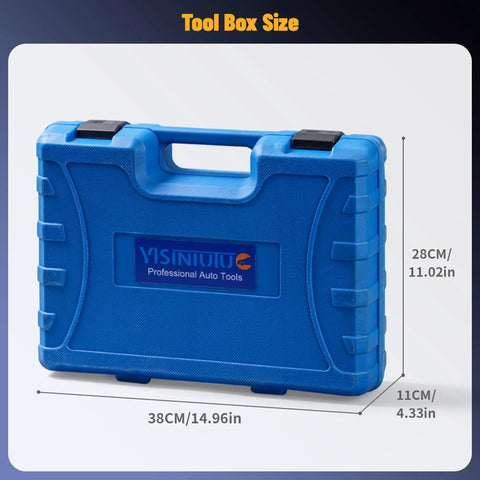 Pro Grade Rear Differential Axle Bushing Tool Kit For BMW Models E36 E38 E39 E60 E61 E31 E90 E91 DIY Friendly Ball Joint Removal And Rubber Bearing Service Kit With Silent Bearing Puller And Dent Puller Set in blue plastic case, dimensions 14.96in x 11.02in x 4.33in