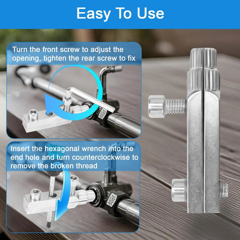 Easy Out Stripped Screw Extractor Set For One Half Inch To One Inch Damaged Screws Bolts And Broken Pipes Heavy Duty Carbon Steel Tool Kit For DIYers And Pro Plumbers in use, showing adjustable design on screws and pipes.