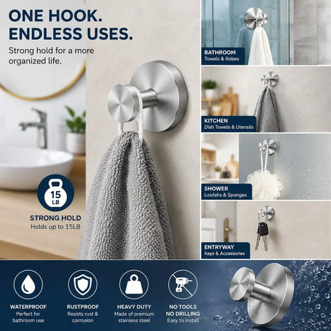 Heavy Duty Stainless Steel Suction Cup Hook Locks Bombproof To Smooth Surfaces And Makes A Sweet Spot For Bathroom Storage with towels.