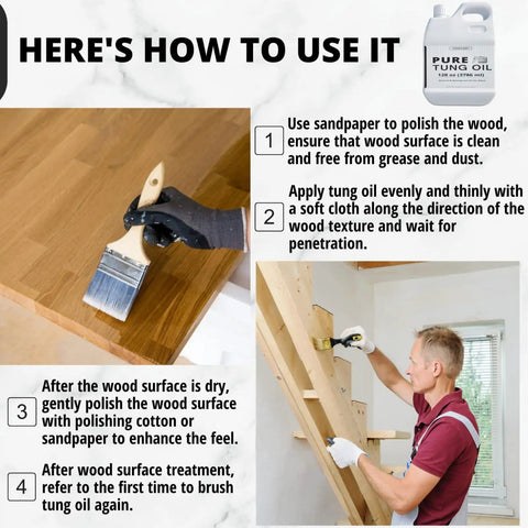 Instructions for applying 32 Ounce 100 Percent Pure Tung Oil for Wood Outdoor Finish with Brush on wood surfaces.
