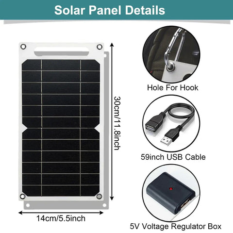Ultra Portable 5V 6W USB Solar Panel Charger With 55 Inch Cable For Phone Camera Fan Lantern Camping And Outdoor Devices High Efficiency Monocrystalline Solar Panel Grab And Go Ready shown with measurements and components