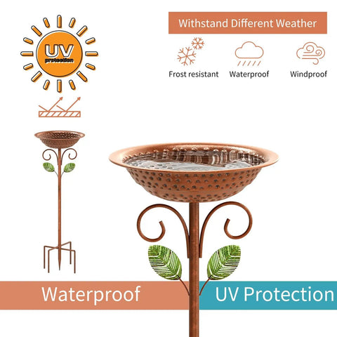 Vintage Copper Metal Bird Bath Stand For Outdoors, 42.1 Inch Tall Garden Bird Feeder With Five Prong Base Stake, shown with water in bowl
