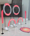 Obstacle Course Drone Gates Kit For RC FPV Racing with arches, rings, flags, landing pad, and PVC aluminum build indoors