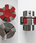 Four Pack L110 Jaw Coupling Inserts Red Urethane Flexible Solid Type Center Inserts For L Jaw Couplings, 30 Mm ID, 83.6 Mm OD, durable red urethane jaw coupling inserts shown in metal coupling