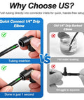 Comparison of Quick Connect 1/4 inch drip elbow vs old barbed elbow showing ease of use for 45 Pack Quick Connect Drip Irrigation Fittings Kit For 1/4 Inch Tubing With Push To Fit Connectors Includes Straight Couplers Tees Elbows And End Plugs For Easy Garden Sprinkler System Setup.