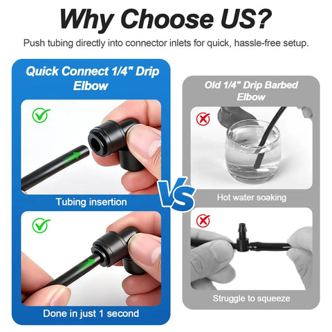 Comparison of Quick Connect 1/4 inch drip elbow vs old barbed elbow showing ease of use for 45 Pack Quick Connect Drip Irrigation Fittings Kit For 1/4 Inch Tubing With Push To Fit Connectors Includes Straight Couplers Tees Elbows And End Plugs For Easy Garden Sprinkler System Setup.