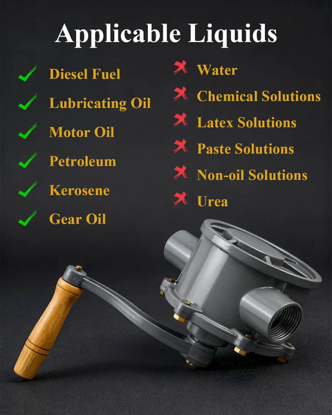 Beefy Rotary Hand Pump For Aluminum Drum Fuel Caddy 30 40 Gallon NPT Thread Inlet One And A Quarter Inch Outlet One Inch Easy No Fuss Manual Fuel Transfer For Gasoline Diesel Portable Oil Pump shown with applicable liquids list