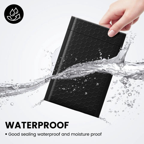 Hand holding a Black Bubble Mailers 4x8 Inches, 100 Pack Waterproof Padded Envelopes with Self Seal under water splash showing waterproofness