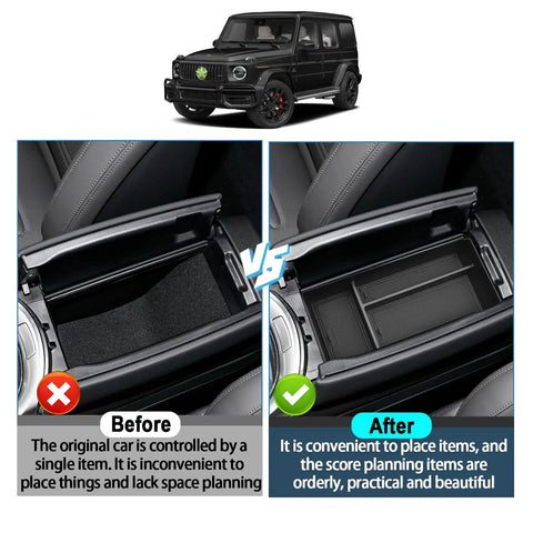 Before and after installation of Center Console Organizer For Mercedes G Class G Wagon G550 G63 AMG G350 W463 W464 2018 Through 2026