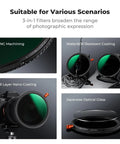 82mm Dope Diffusion Mist Filter With ND Quarter And Variable ND Two To Thirty Two Stops One To Five Plus Circular Polarizer CPL for Camera Lenses shown with water and oil resistant coating and 28 layer nano coating.