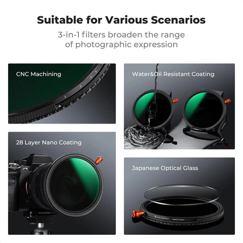 82mm Dope Diffusion Mist Filter With ND Quarter And Variable ND Two To Thirty Two Stops One To Five Plus Circular Polarizer CPL for Camera Lenses shown with water and oil resistant coating and 28 layer nano coating.