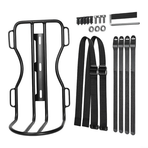 Check Out This Awesome 10 Liter Front Fork Bag That Slaps On Any Bike Scooter Or Ebike For Total Stability Plus The Heavy Duty Alu Rack Holds Your Gear Tight Without Flopping Around. black aluminum alloy front fork rack kit with straps, bolts, and mounting tools