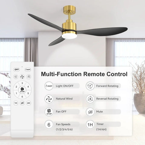 52 Inch Ceiling Fan With Lights And Remote Quiet Dc Motor 3 Reversible Blades Dope Modern Gold And Black Finish With 3 Color Led Light Fandelier displayed with remote in living room setting.