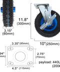 Heavy Duty Swivel And Fixed Plate Caster Set With Smooth Roll Pneumatic Rubber Wheels For Toolboxes And Utility Carts featuring 10 inch wheel and 440 lb capacity.