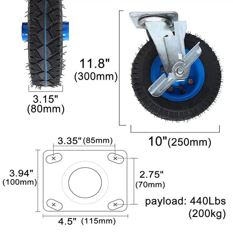 Heavy Duty Swivel And Fixed Plate Caster Set With Smooth Roll Pneumatic Rubber Wheels For Toolboxes And Utility Carts featuring 10 inch wheel and 440 lb capacity.