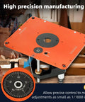 Rock Solid Router Table Lift System With Zero Play For Three Point Five Inch Motor Diameters And Premium Upgraded Base Kit, featuring orange precision plate.