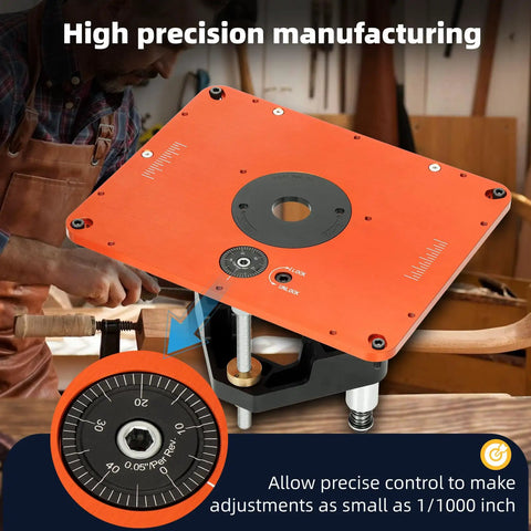 Rock Solid Router Table Lift System With Zero Play For Three Point Five Inch Motor Diameters And Premium Upgraded Base Kit, featuring orange precision plate.