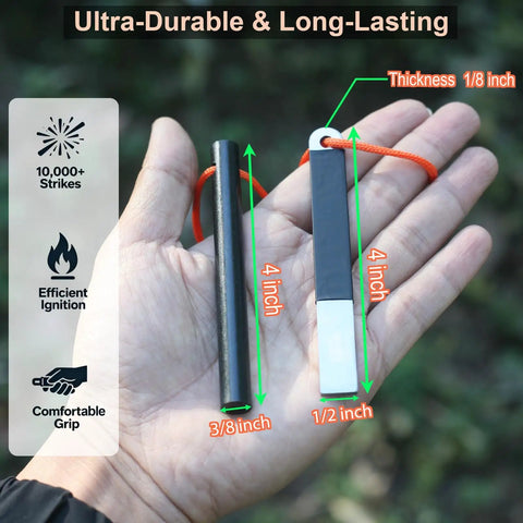 Hand holding 4 Inch Portable Ferro Rod Fire Starter Kit With Striker And Waterproof Case For Camping And Survival Magnesium Flint And Steel Firestarter