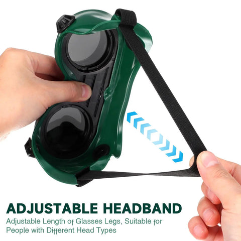 Hand adjusting the headband of Kickass Dual Flip Up Welding Goggles Built Tough As Nails With Impact Resistance Square Vents.