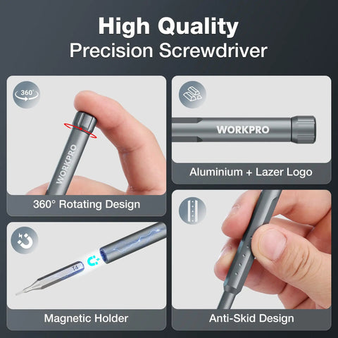60 In 1 Precision Screwdriver Set With Magnetic Pop Up Case CRV Bits Mini Drivers For Fixing Phones Watches Laptops And Gadgets The Real Deal For Any Electronics Repair Job 360 Spin Head Design showing aluminum precision screwdriver with magnetic holder.