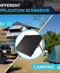Collage showing 200W Portable Solar Panel Kit With Waterproof 20A Charge Controller And Foldable All-In-One Grab-And-Go Suitcase Design used during RV camping.