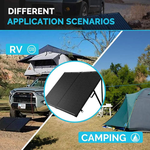 Collage showing 200W Portable Solar Panel Kit With Waterproof 20A Charge Controller And Foldable All-In-One Grab-And-Go Suitcase Design used during RV camping.