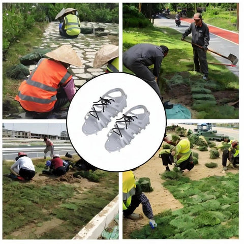 Gardeners using spiked lawn aerator shoes for patio and garden use with 4.5cm nails durable EVA rubber and metal build