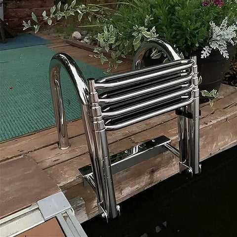 Folding Dock Boat Ladder 4 Step Heavy Duty Stainless Steel Marine Yacht Ladder with Swim Deck on dock, folded position.