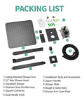 Packing list for SR SUN RISE 12 Inch Ceiling Mount Shower System, Matte Black including valves, hoses, and accessories.