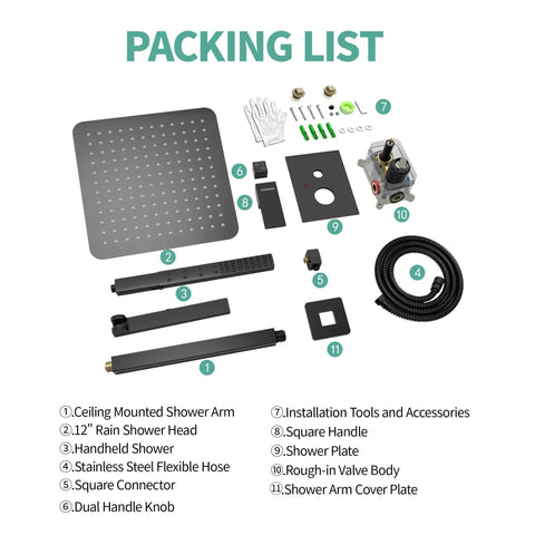 Packing list for SR SUN RISE 12 Inch Ceiling Mount Shower System, Matte Black including valves, hoses, and accessories.