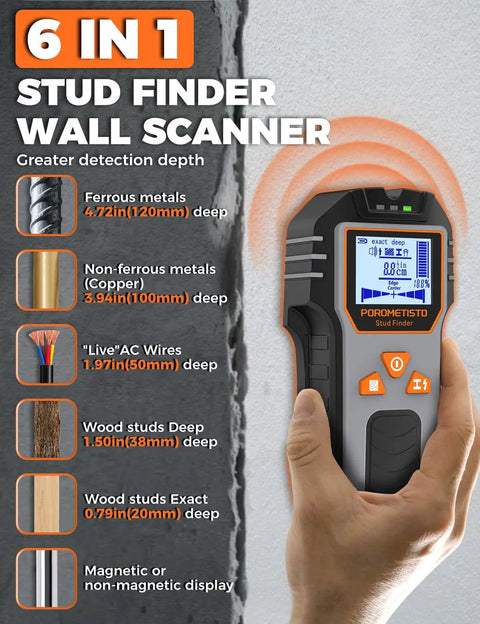 No Sweat Six In One Stud Finder Wall Scanner With Dead On Accuracy For Locating Live Wires Hidden Pipes And Wood Framing During Quick Home Renovation Jobs