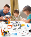 Family building a Four Pack Robot Kits For Kids Ages 8 And Up, STEM crafts and robotics projects, electronics kit on table